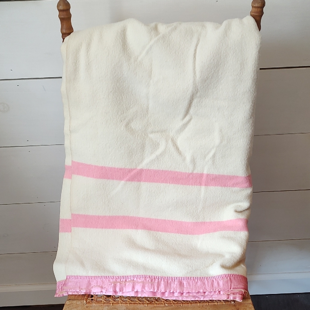 Vintage Butter Yellow Pink Blanket W/Satin Binding. 100% Virgin Wool. Upcycle